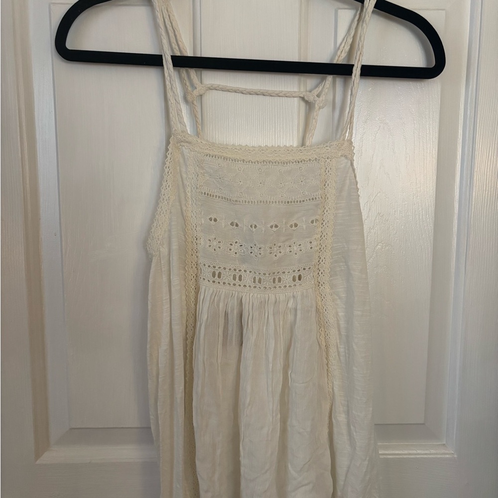 Cream Lace Trim Tank Top with Rope Detailed Straps